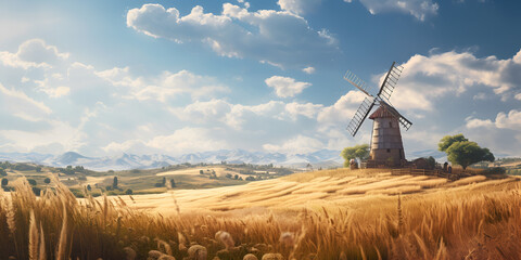 A painting of a windmill on a farm with a blue sky and clouds 