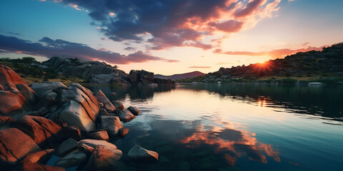 Majestic Peaks: Serene Sunset Reflections on a Mountain Lake