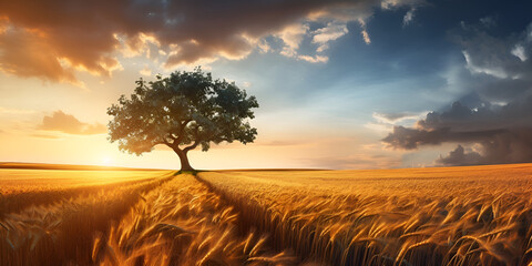 
Sunset on a rural field with a tree in the background

