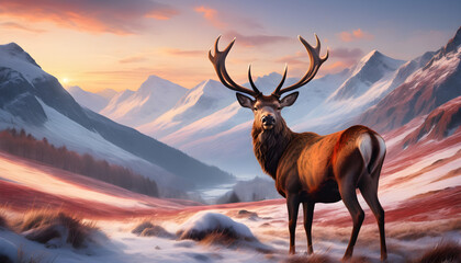 Majestic deer Standing Proud Among Snow-Capped Mountain Ranges at sunset