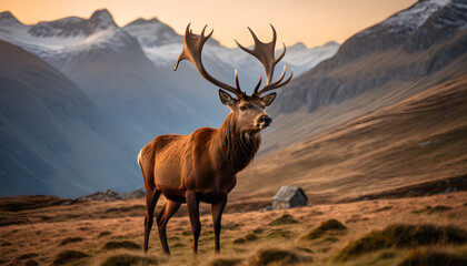 Majestic Stag Standing Proud Among Snow-Capped Mountain Ranges at Twilight