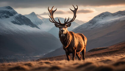 Majestic deer Standing Proud Among Snow-Capped Mountain Ranges at Twilight