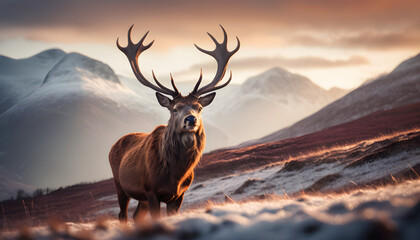 Majestic Stag Standing Proud Among Snow-Capped Mountain Ranges at Twilight
