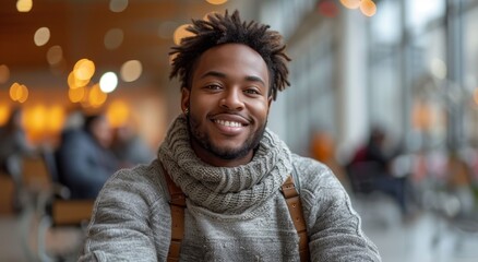 A jovial man, bundled in a warm scarf, beams at the camera against the backdrop of a bustling street and urban building, radiating happiness and human connection - obrazy, fototapety, plakaty