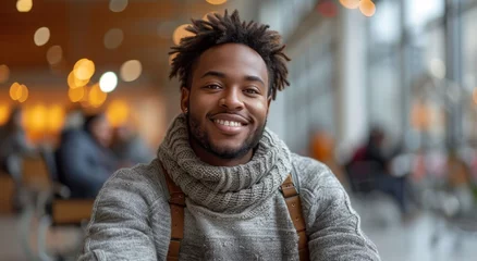 Foto op Canvas A jovial man, bundled in a warm scarf, beams at the camera against the backdrop of a bustling street and urban building, radiating happiness and human connection © Larisa AI