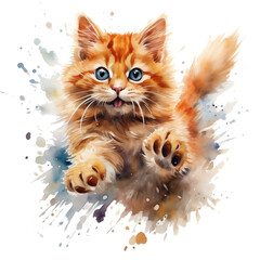 Fototapeta premium A watercolor illustration of a cute brown cat jumping