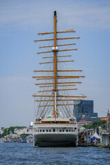 Luxury sailing yacht windjammer cruiseship cruise ship liner Spirit sail away under full sails from...
