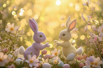 Two child-sized, animated bunny figures, embodying the spirit of joyful children, are set in a magical Easter garden with a softly blurred background of blooming flowers and shimmering Easter eggs.