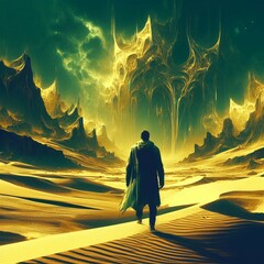 A man in a long coat walking through a desert area