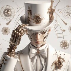 A close up of a person wearing a top hat and a suit, steampunk male portrait