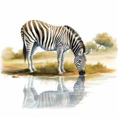 An illustration of a zebra drinking water on a pond