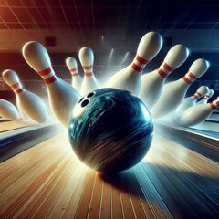 A bowling ball crashing into the pins in a bowling alley, bowling, ready to strike