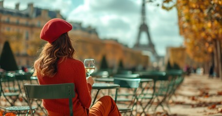 Rear view Young stylish woman in red cap and pants sitting with glass of wine on the chairs in city garden