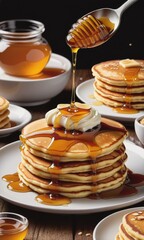 a mouthwatering display of sweet honey drizzling from a spoon onto a stack of fluffy pancakes