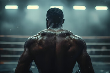 Fototapeta na wymiar Back view of Boxer in the Ring at Nighttime During Rainy Weather