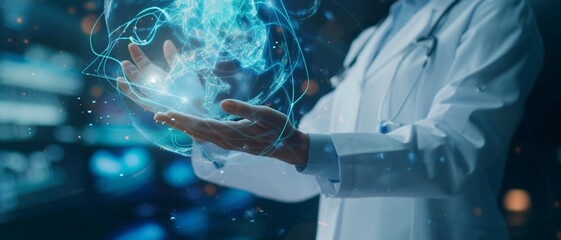 Doctor holding a hologram and virtual data in the hands. Virtual reality in medicine and health care.