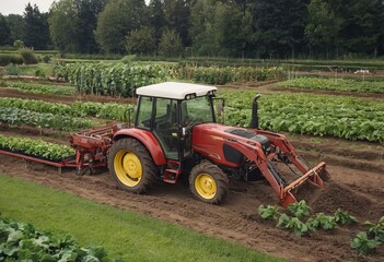 Fototapeta premium tractor in meadow with summer flowers mowing grass under blue sky in the netherlands in dutch province of utrecht