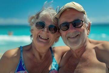Obraz premium Joyful Senior Couple Beach Swimming, Healthy Elderly Happiness Vacation