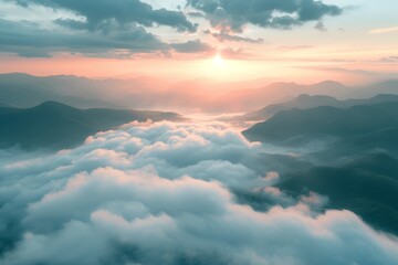 Obraz premium Sunrise with mountains and mist. Soft and dreamy. high horizon. landscapes, atmospheric clouds