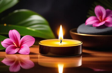 romantic atmosphere with candles and tropical flowers, massage or relaxation session