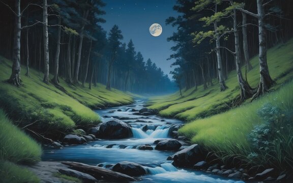 A painting of a stream with the moon on it 
