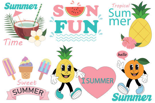 Set of cute summer hand drawn labels, logos, tags and elements for holiday, travel, beach vacation with positive quotes. For web,card,poster,cover,tag,invitation,sticker. Vector illustration