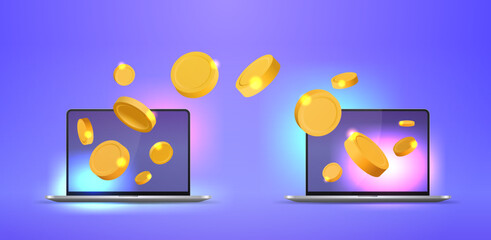 Transfer of money between two laptops on a bright background. Realistic golden coins are floating between laptops. Online banking concept