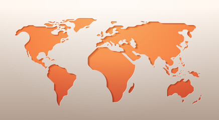 Paper cutting World map on orange background. Material design map vector illustration