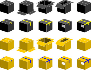 3D illustration of various types of packaging boxes isolated on transparent background, ready for design elements. Open box, closed box, sealed box, labeled box, temporary packing, black and brown box