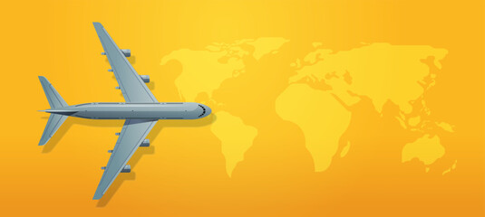 Airplane on plain yellow background with world map. Air travel concept vector illustration
