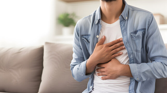 Young man with chest pain. Heart attack patient.