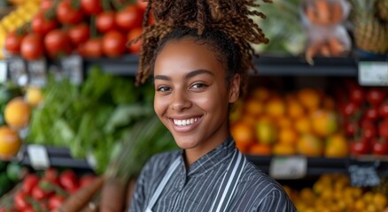 A woman stands confidently at her local marketplace, surrounded by an array of colorful fruits and vegetables, radiating joy and promoting the benefits of a natural, whole food, vegan diet
