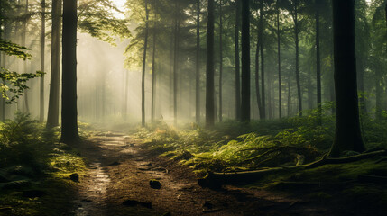 A misty morning in a tranquil forest, AI Generative.