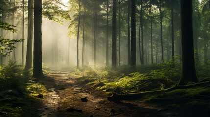 Fototapeta premium A misty morning in a tranquil forest, AI Generative.
