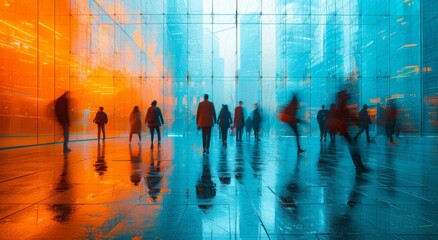 A mesmerizing blue reflection of people, navigating through the abstract art of a glass building, on a bustling street