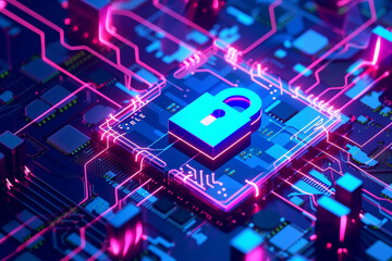 Fototapeta premium Cybersecurity Digital Lock Concept. A digital padlock on a vibrant circuit board representing cybersecurity.