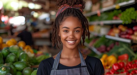 A joyful woman stands confidently in an outdoor marketplace, surrounded by vibrant produce and natural foods, as she shares her smile and passion for vegan nutrition with the world