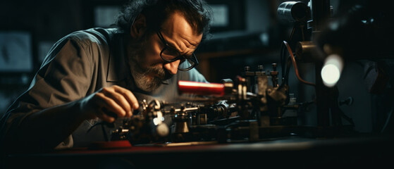 Watchmaker Inspecting Mechanism with Magnifying Glass.