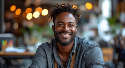 Obraz premium A stylish man radiates confidence and warmth as he flashes a charming smile for the camera, showcasing his human face framed by a well-groomed beard against the urban backdrop of a bustling street