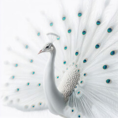 Fototapeta premium peacock feather close up, ethereal albino peacock, displaying feathers, pavo real albino, white peacock. 