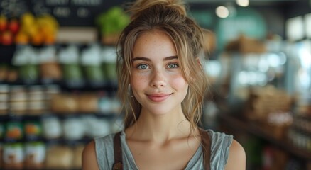 A young woman stands confidently in a store, her hair styled perfectly as she smiles at the camera, radiating warmth and happiness