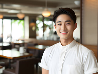 Fototapeta premium Smiling young asian male waitress