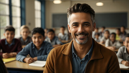 Fototapeta premium Close-up Portrait of smiling male teacher in a class at elementary school looking at camera with learning students on background,isolated blur background 