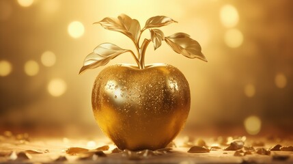 Radiant Golden Apple: A Shining Symbol of Temptation and Beauty - obrazy, fototapety, plakaty