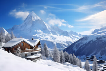 Snowy mountain peak with ski slopes and chalets background