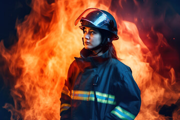 Firefighter woman at the background of fire