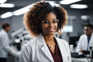 Beautiful young woman scientist wearing white coat and glasses in modern Medical Science Laboratory with Team of Specialists on background, space for text - obrazy, fototapety, plakaty