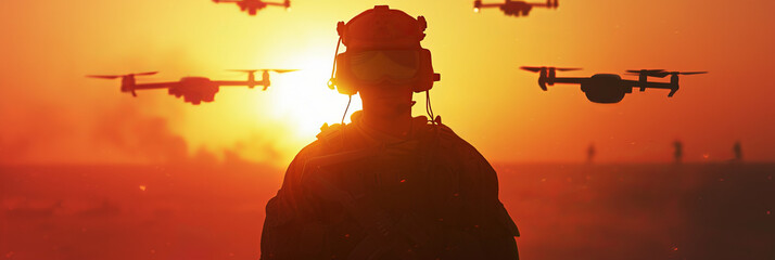 Drone Pilot in Goggles Commands Swarm of Drones at Sunset