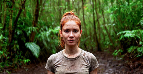 Naklejka na ściany i meble primo piano di giovane donna sudata e sporca di fango, vista di fronte, capelli rossi, foresta tropicale
