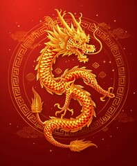 Fototapeta premium a golden dragon depicted with scales and flowing lines to indicate movement